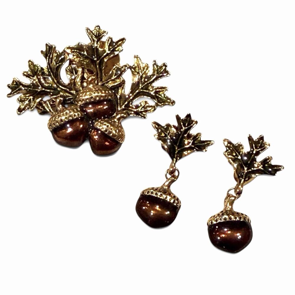 Vintage Avon Acorn Oak Leaf Brooch Earrings Set Brown Green Enamel Gold Tone